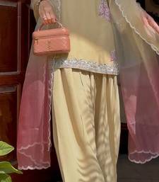 Cream heavy rayon kurta farshi palazzo set with shaded tabby silk blend dupatta