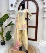 Cream heavy rayon kurta farshi palazzo set with shaded tabby silk blend dupatta