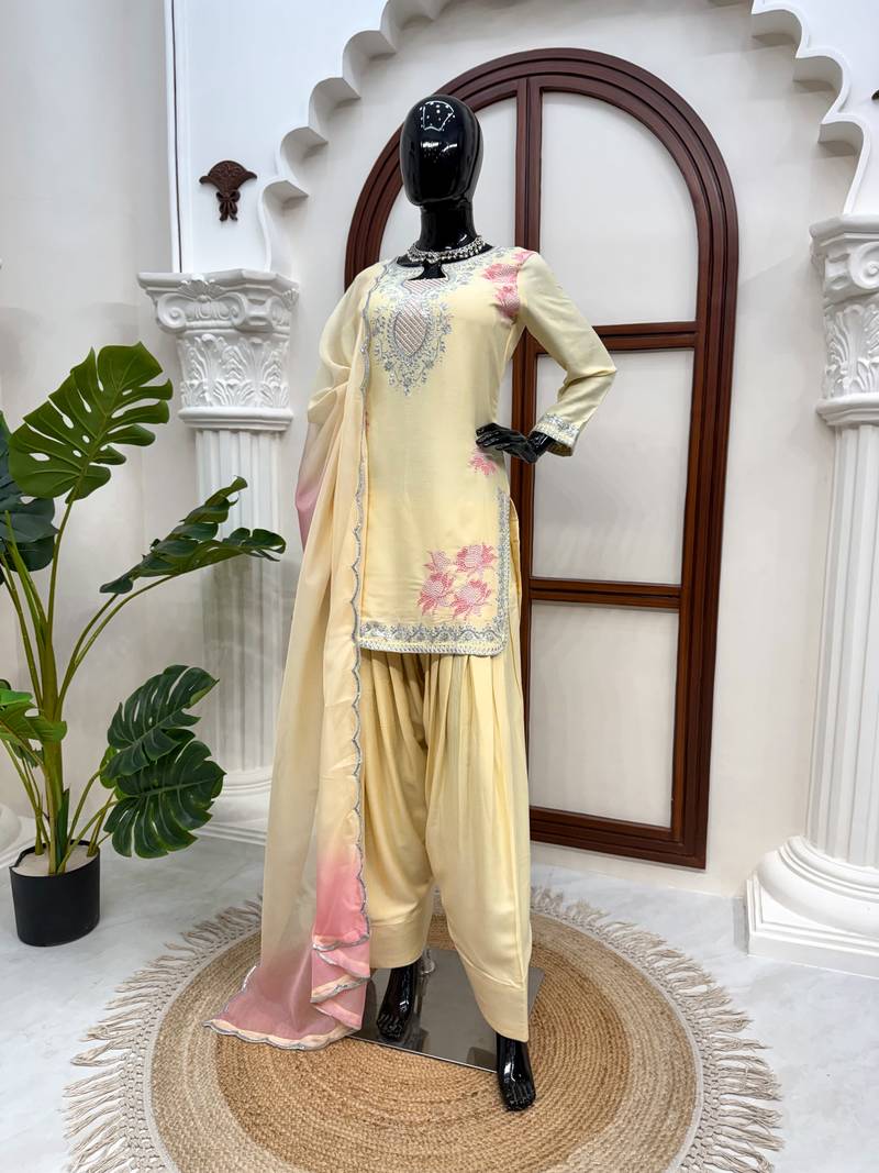 Cream heavy rayon kurta farshi palazzo set with shaded tabby silk blend dupatta