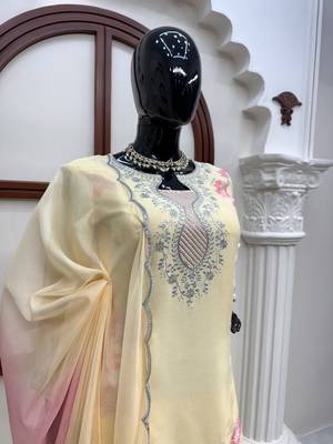 Cream heavy rayon kurta farshi palazzo set with shaded tabby silk blend dupatta 3