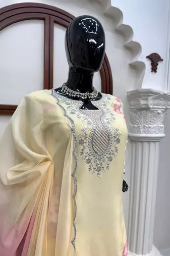 Cream heavy rayon kurta farshi palazzo set with shaded tabby silk blend dupatta