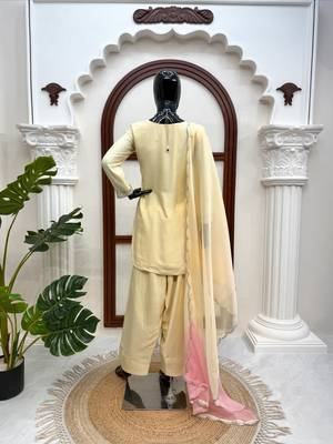 Cream heavy rayon kurta farshi palazzo set with shaded tabby silk blend dupatta 4
