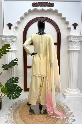 Cream heavy rayon kurta farshi palazzo set with shaded tabby silk blend dupatta
