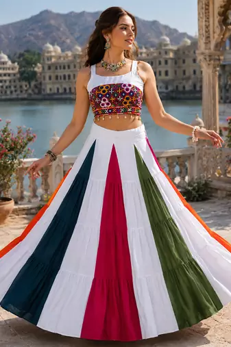 Navratri Multicolor Rayon Cotton Lehenga Choli Set with Mirror Work Blouse