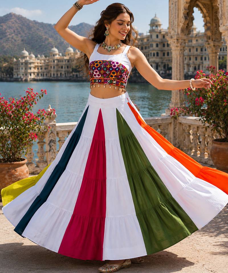 Navratri Multicolor Rayon Cotton Lehenga Choli Set with Mirror Work Blouse