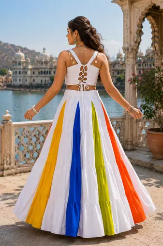 Navratri Multicolor Rayon Cotton Lehenga Choli Set with Mirror Work Blouse