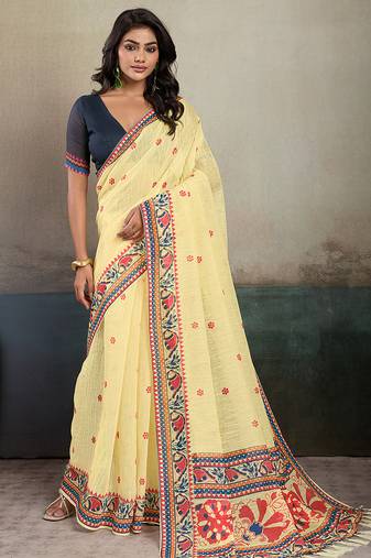 Printed floral ethnic motifs linen digital saree with blouse piece