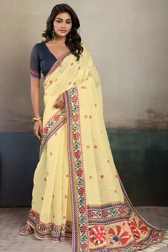 Printed floral ethnic motifs linen digital saree with blouse piece