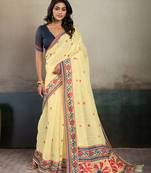 Printed floral ethnic motifs linen digital saree with blouse piece