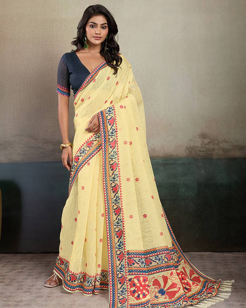 Printed floral ethnic motifs linen digital saree with blouse piece