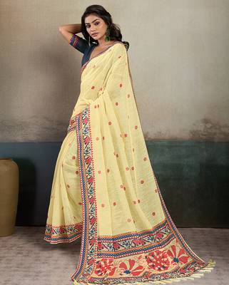 Printed floral ethnic motifs linen digital saree with blouse piece 2