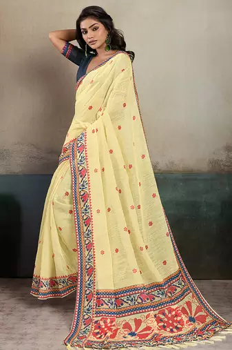 Printed floral ethnic motifs linen digital saree with blouse piece