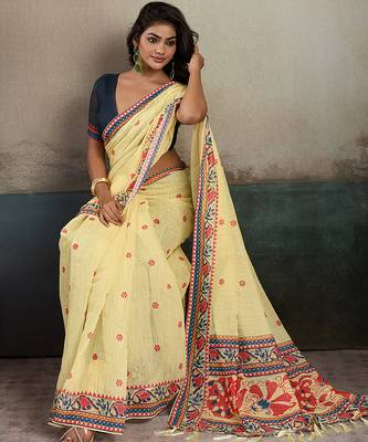 Printed floral ethnic motifs linen digital saree with blouse piece 4