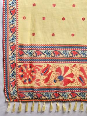 Printed floral ethnic motifs linen digital saree with blouse piece 5