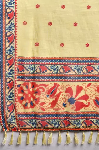 Printed floral ethnic motifs linen digital saree with blouse piece