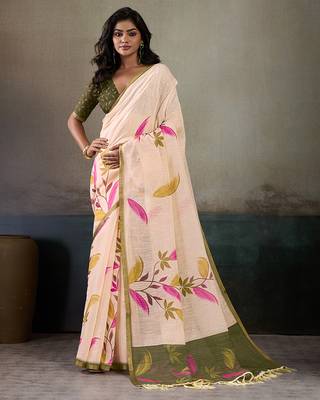Printed floral ethnic motifs linen digital saree with blouse piece 1