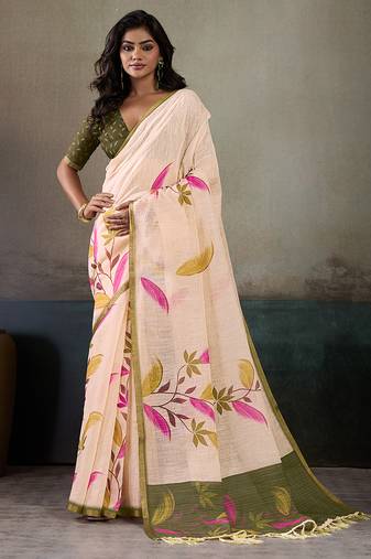 Printed floral ethnic motifs linen digital saree with blouse piece