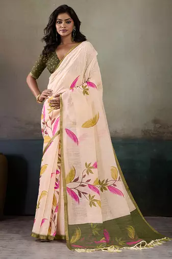 Printed floral ethnic motifs linen digital saree with blouse piece