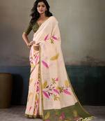Printed floral ethnic motifs linen digital saree with blouse piece
