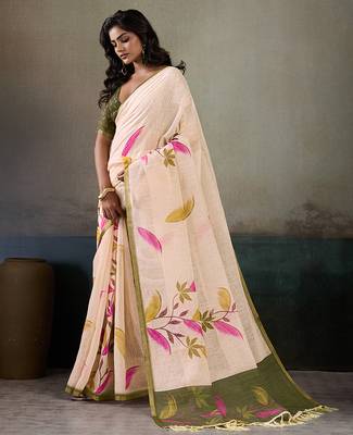 Printed floral ethnic motifs linen digital saree with blouse piece 2
