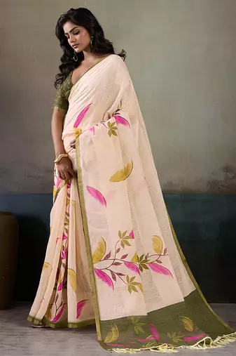 Printed floral ethnic motifs linen digital saree with blouse piece