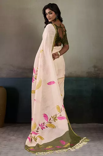Printed floral ethnic motifs linen digital saree with blouse piece