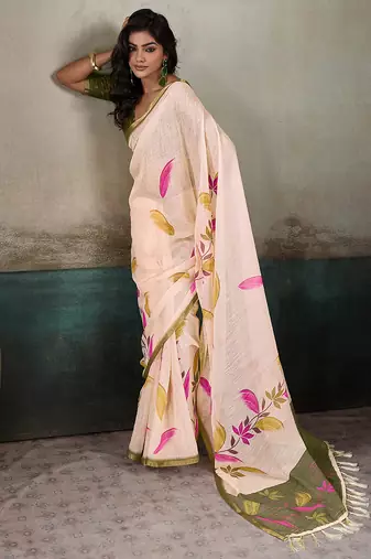 Printed floral ethnic motifs linen digital saree with blouse piece