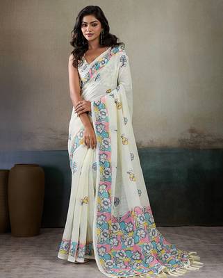 Printed floral ethnic motifs linen digital saree with blouse piece 1