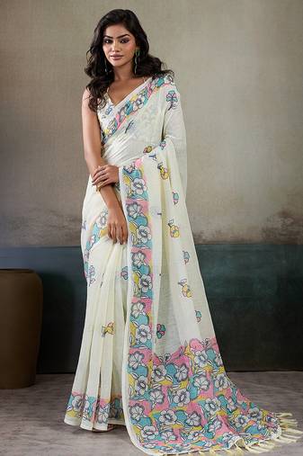 Printed floral ethnic motifs linen digital saree with blouse piece