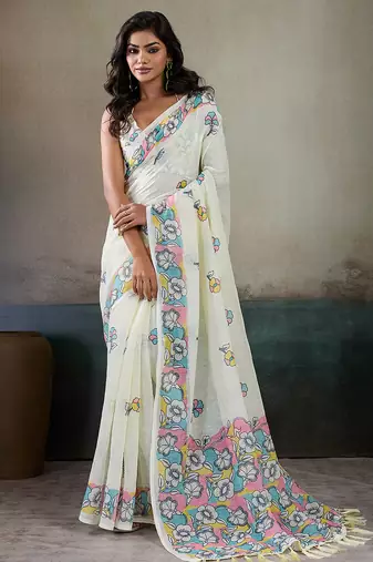 Printed floral ethnic motifs linen digital saree with blouse piece