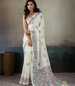 Printed floral ethnic motifs linen digital saree with blouse piece