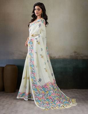 Printed floral ethnic motifs linen digital saree with blouse piece 2