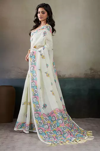 Printed floral ethnic motifs linen digital saree with blouse piece