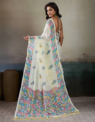 Printed floral ethnic motifs linen digital saree with blouse piece 3