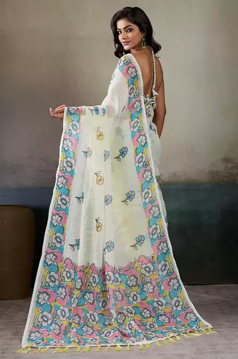 Printed floral ethnic motifs linen digital saree with blouse piece
