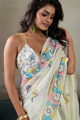 Printed floral ethnic motifs linen digital saree with blouse piece