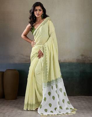 Printed floral ethnic motifs linen digital saree with blouse piece 1