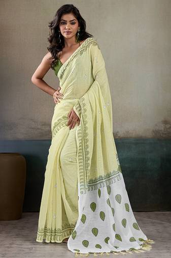 Printed floral ethnic motifs linen digital saree with blouse piece