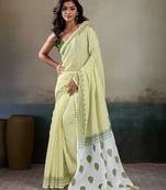 Printed floral ethnic motifs linen digital saree with blouse piece