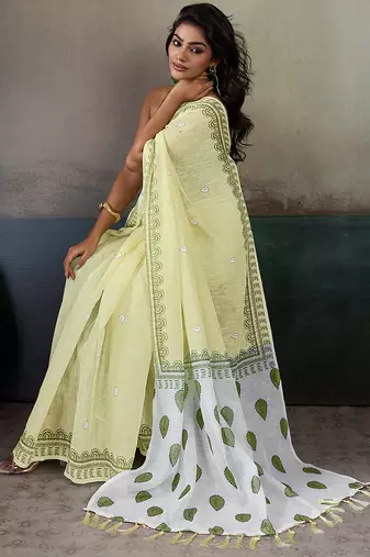 Printed floral ethnic motifs linen digital saree with blouse piece