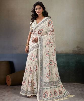 Printed floral ethnic motifs linen digital saree with blouse piece 1