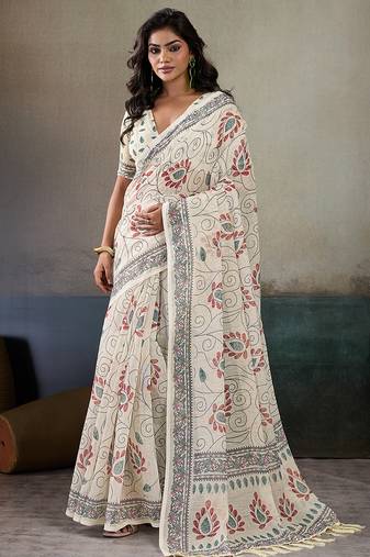 Printed floral ethnic motifs linen digital saree with blouse piece