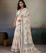 Printed floral ethnic motifs linen digital saree with blouse piece