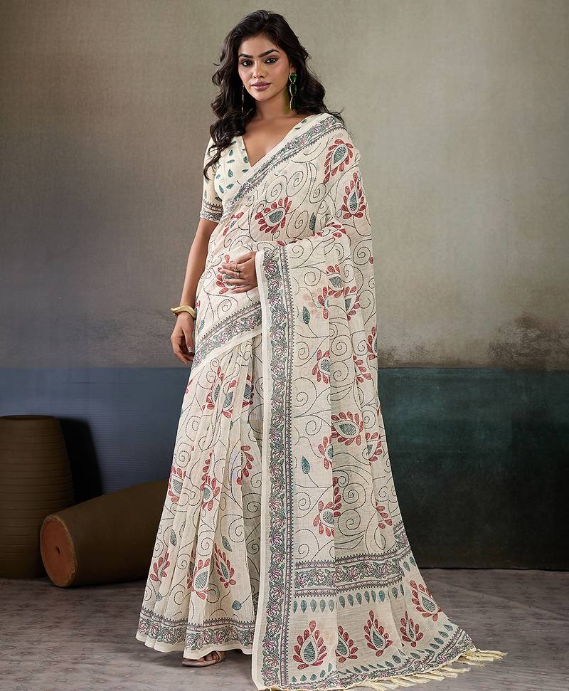 Printed floral ethnic motifs linen digital saree with blouse piece