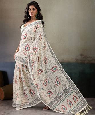 Printed floral ethnic motifs linen digital saree with blouse piece 2