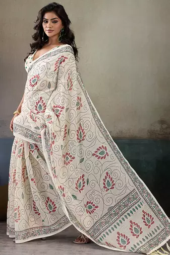 Printed floral ethnic motifs linen digital saree with blouse piece