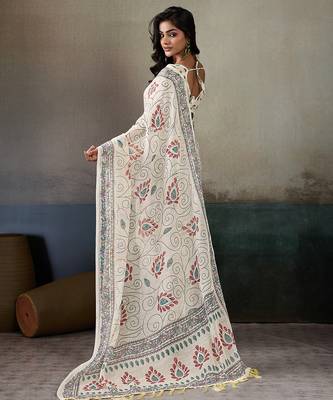 Printed floral ethnic motifs linen digital saree with blouse piece 3