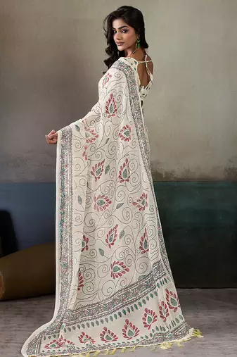 Printed floral ethnic motifs linen digital saree with blouse piece