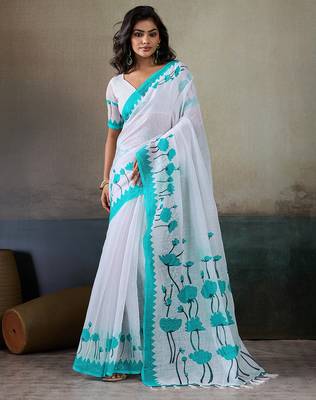 Printed floral ethnic motifs linen digital saree with blouse piece 1