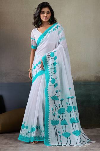 Printed floral ethnic motifs linen digital saree with blouse piece